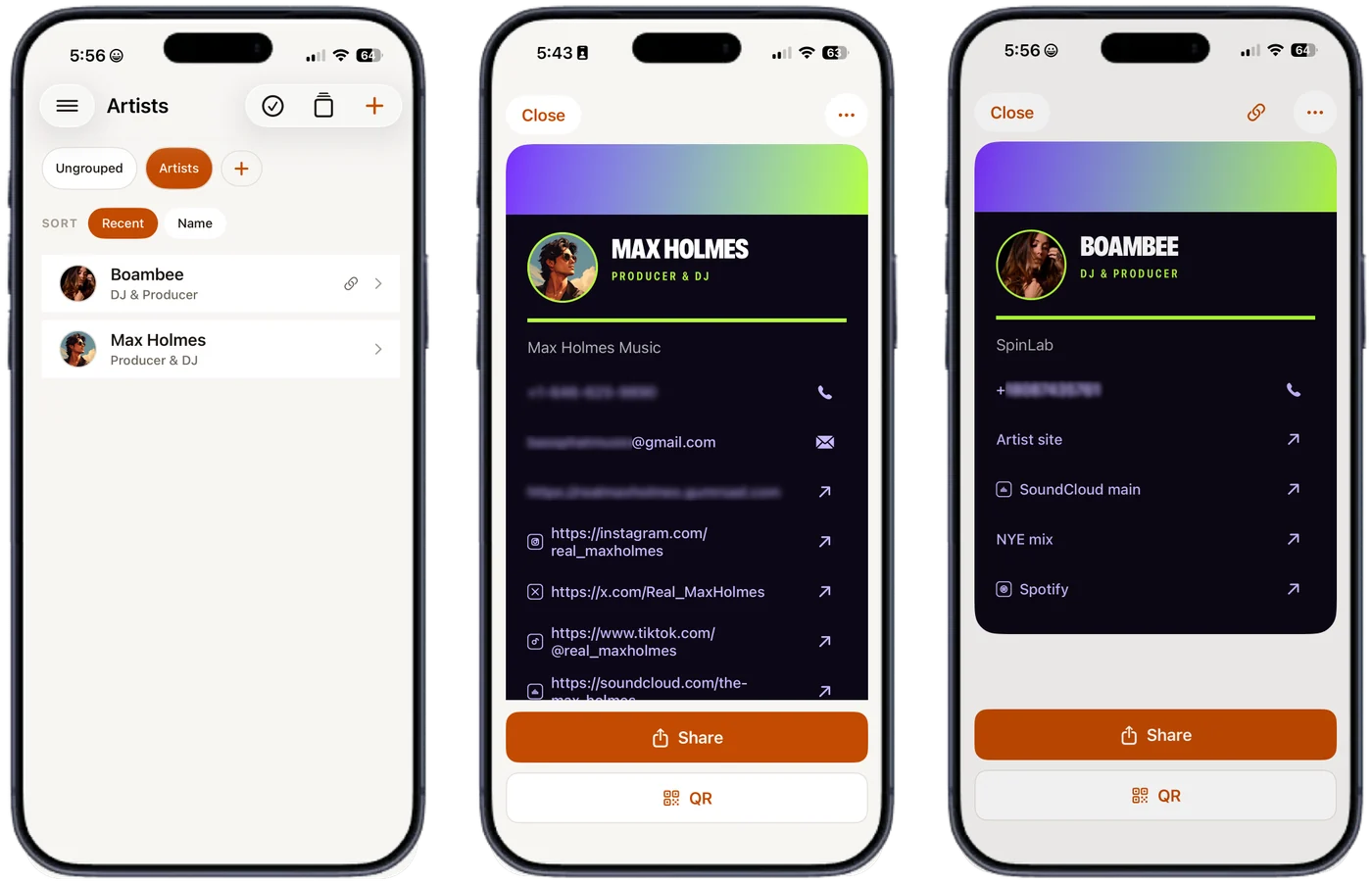 Three iPhone screens showing a group of artist cards, and two finished cards for Max Holmes and Boambee with links and a share button.