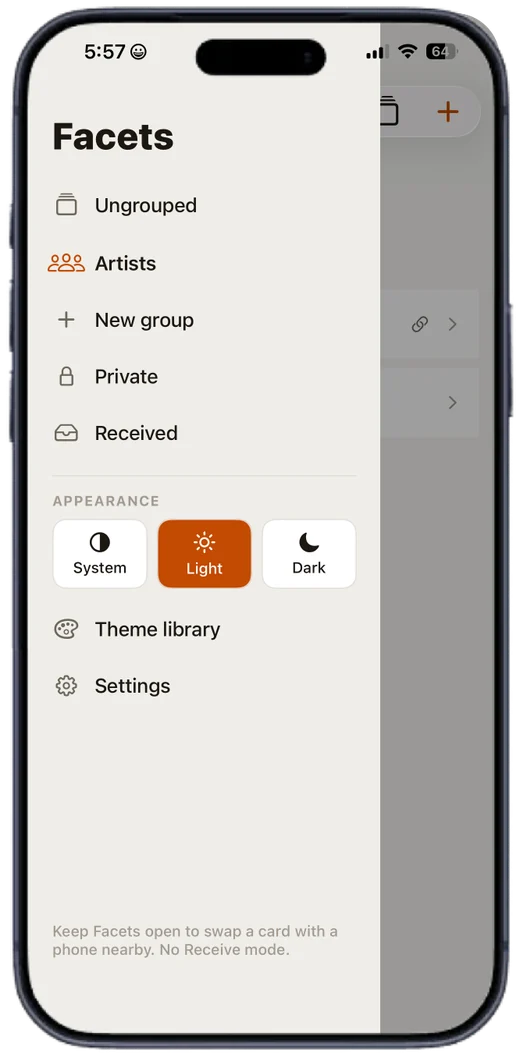 The Facets side drawer showing Ungrouped, an Artists group, Private, and Received, with light and dark appearance options.