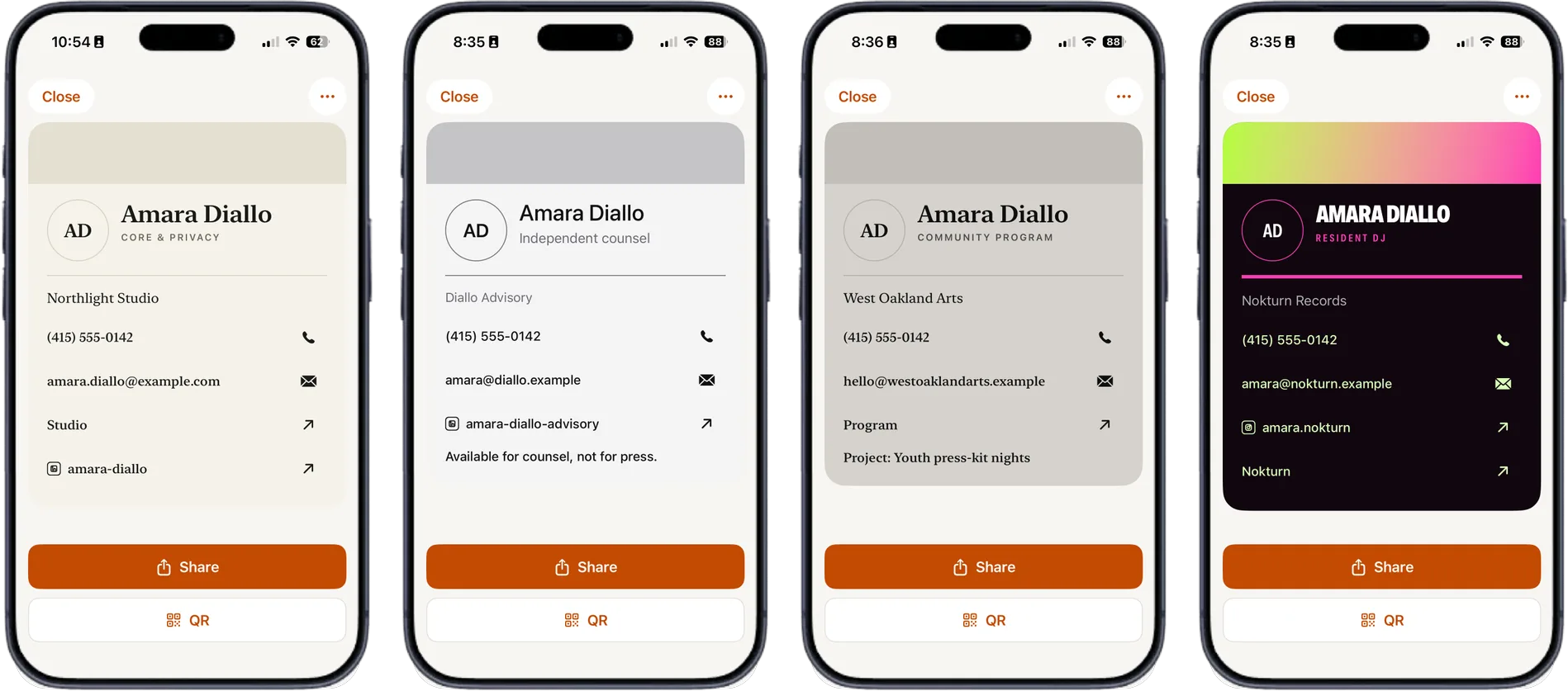 Four iPhone screens, all showing cards for the same person, Amara Diallo: a plain day-job card, a grey independent-counsel card, a warm grey community-programme card, and a black card with a neon gradient for her DJ work.