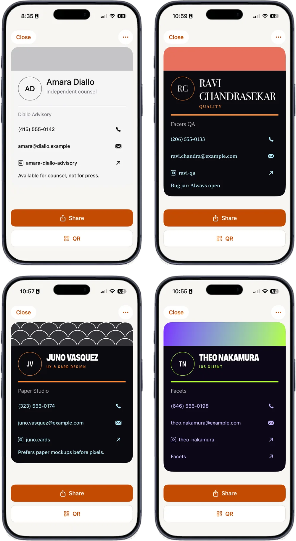 Four Facets cards on iPhone: a plain grey card for Amara Diallo, a coral and black card set in a high-contrast serif for Ravi Chandrasekar, a black card with a scalloped pattern for Juno Vasquez, and a black card with a purple-to-green gradient for Theo Nakamura.