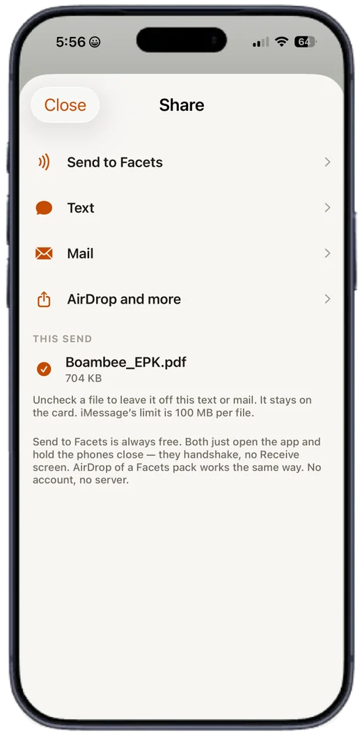 The Facets share screen with options to Send to Facets, Text, Mail, or AirDrop, and a Boambee press kit PDF checked to include.