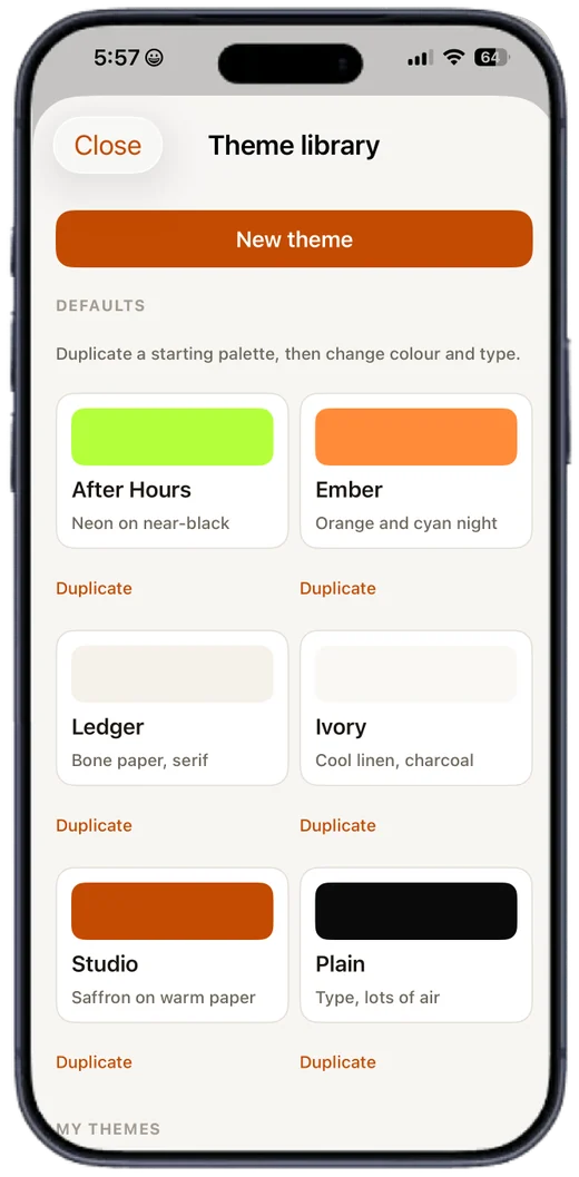 The Facets theme library, showing several card designs to choose from.