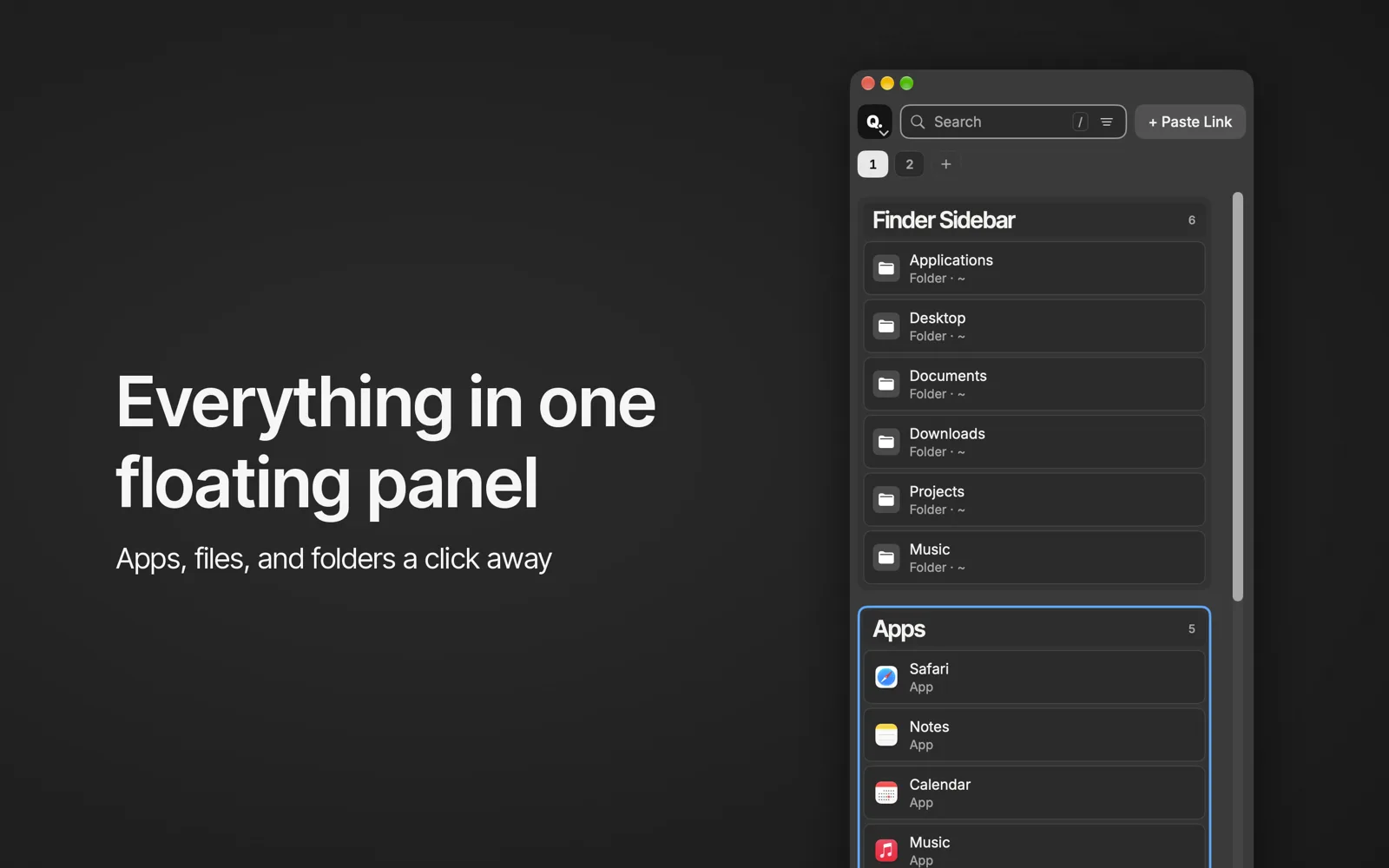QFloat floating panel in dark mode with a Finder Sidebar group of folders and an Apps group.