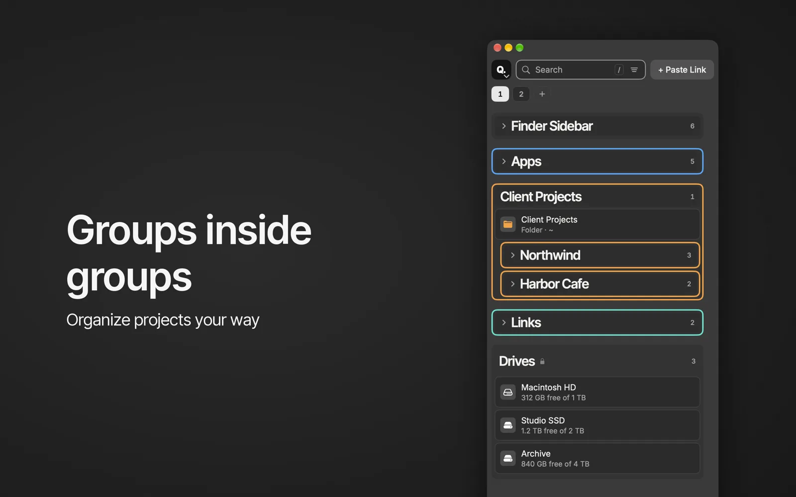 QFloat Client Projects group with nested Northwind and Harbor Cafe groups, plus collapsed Apps and Links groups.
