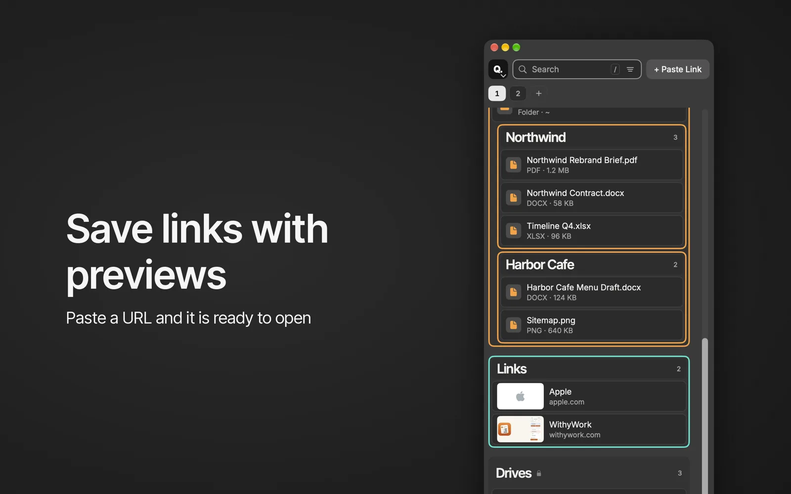 QFloat Links group with preview thumbnails.