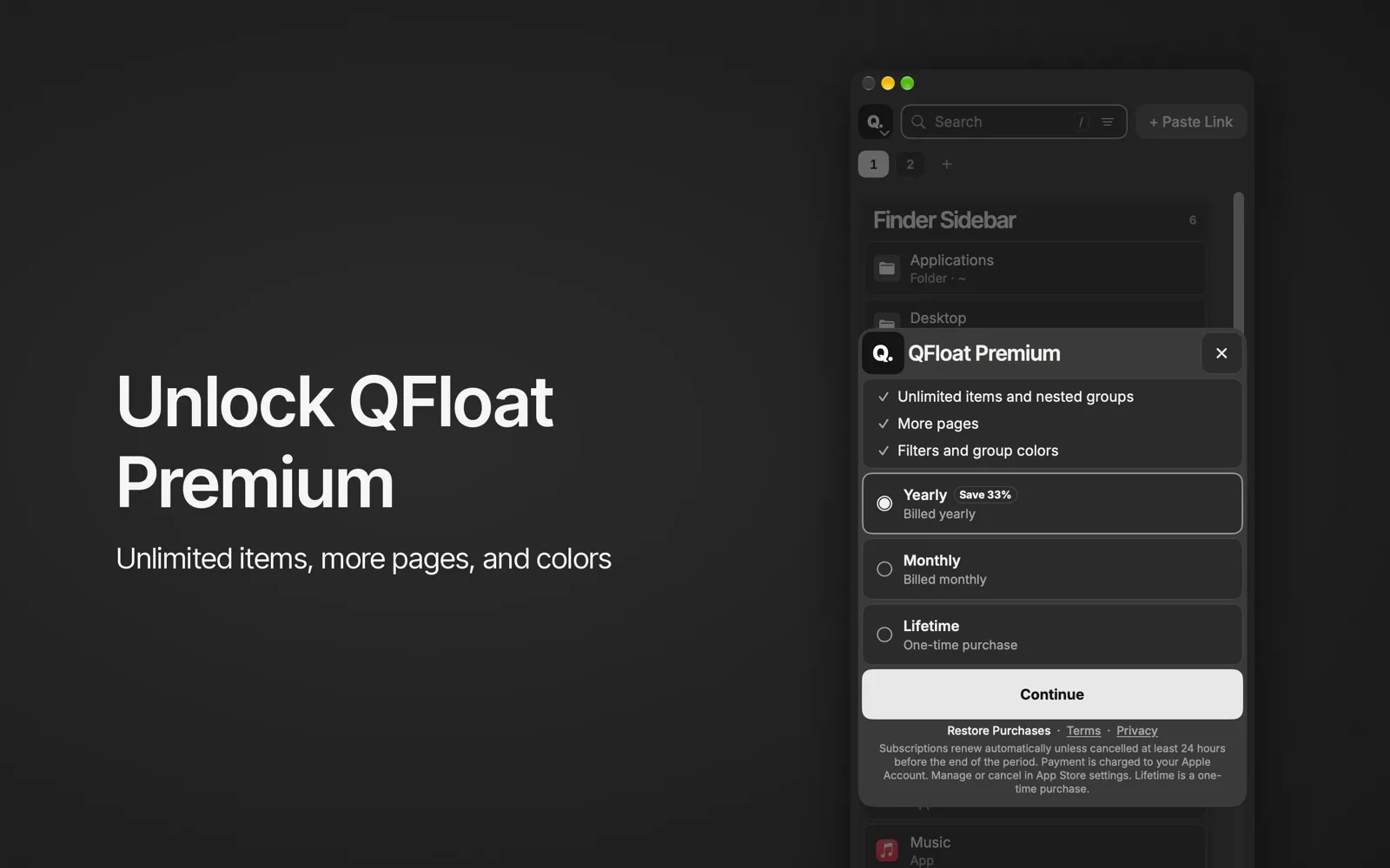 QFloat Premium sheet with Yearly (Save 33%), Monthly and Lifetime options.