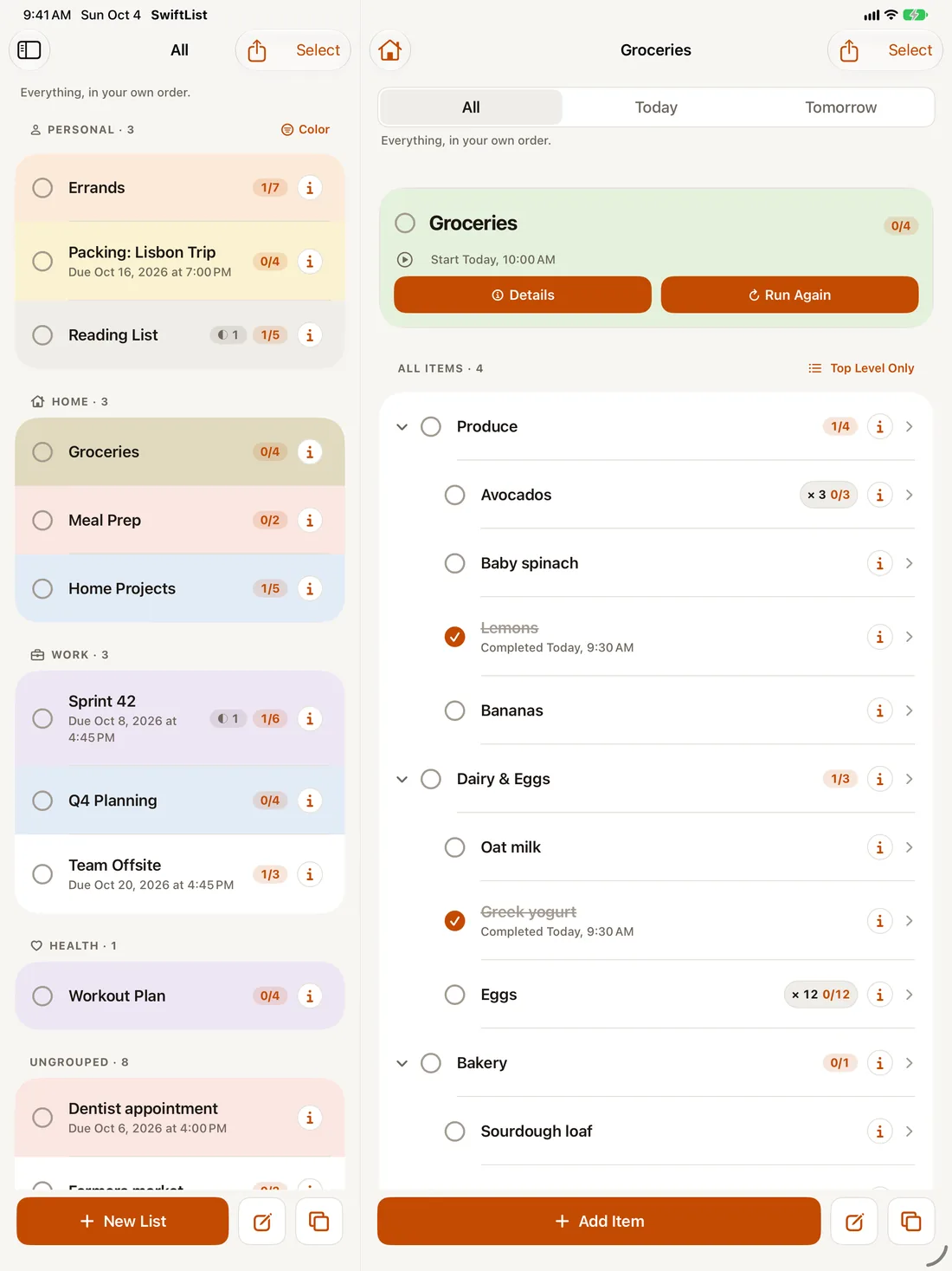 SwiftList on iPad with the sidebar, the lists column and a grocery list in Full Outline.