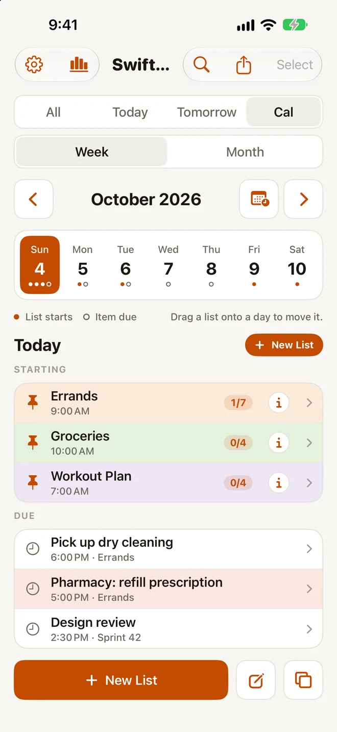 The SwiftList calendar on iPhone in week view, with lists pinned to days and items due.