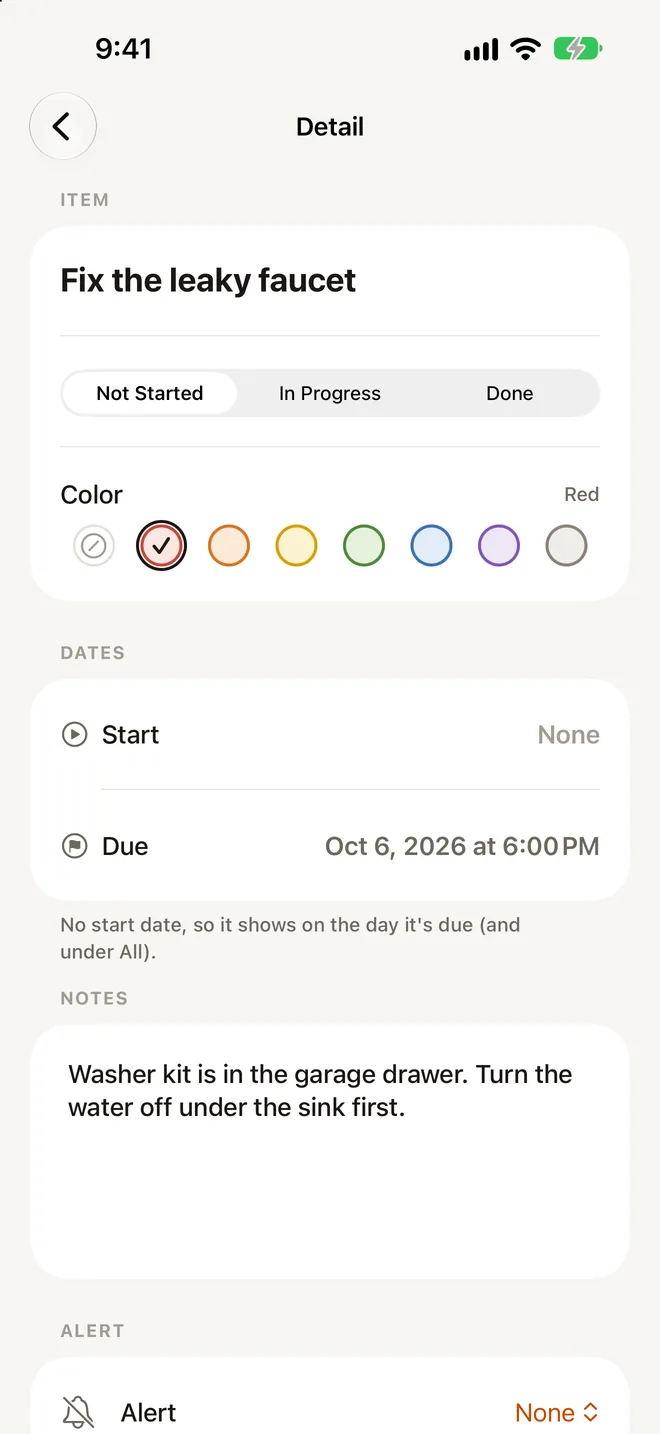 An item's details on iPhone: status, colour, start and due dates, notes, alert, and space for photos and voice memos.