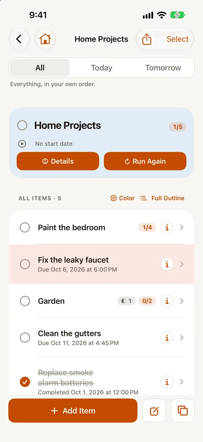 The Home Projects list on iPhone with nested items, due dates, a colour tag and one item done.