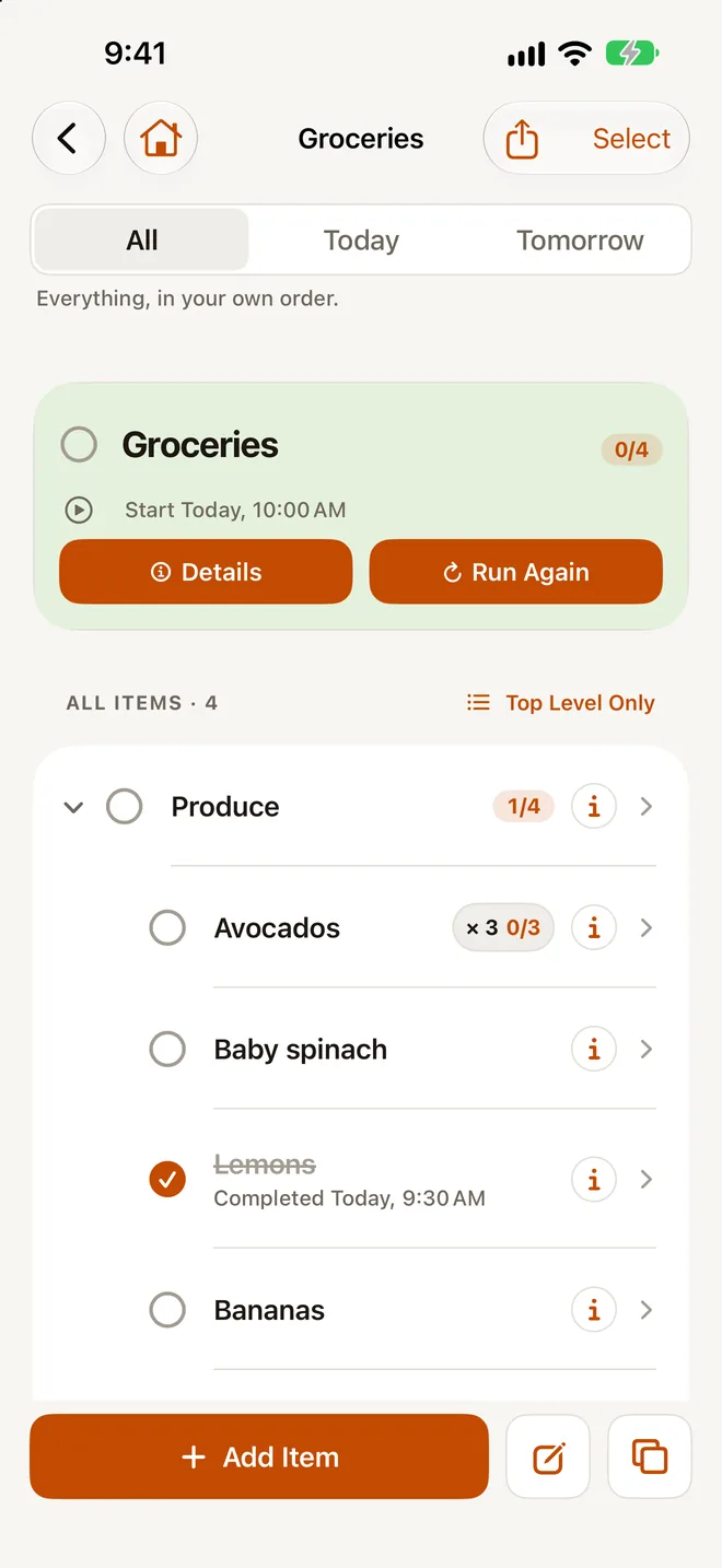 A grocery list in Full Outline on iPhone, grouped by aisle, with quantities such as Avocados times 3 and some items checked.