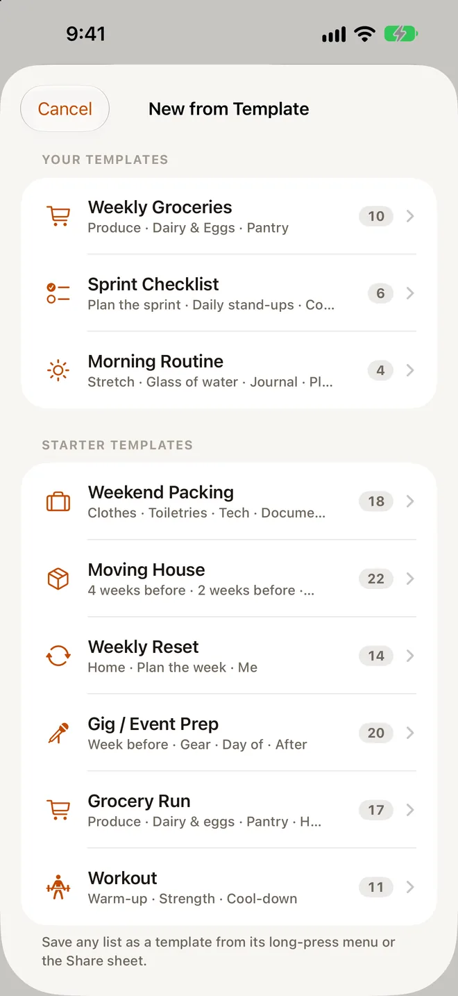 The Templates screen on iPhone with three of your own templates and the six starter templates.