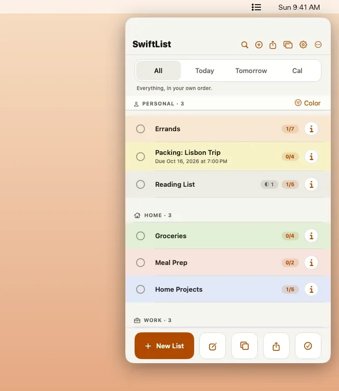 SwiftList open from the Mac menu bar, showing lists grouped as Personal and Home, with Errands, Packing: Lisbon Trip, Reading List, Groceries, Meal Prep and Home Projects.