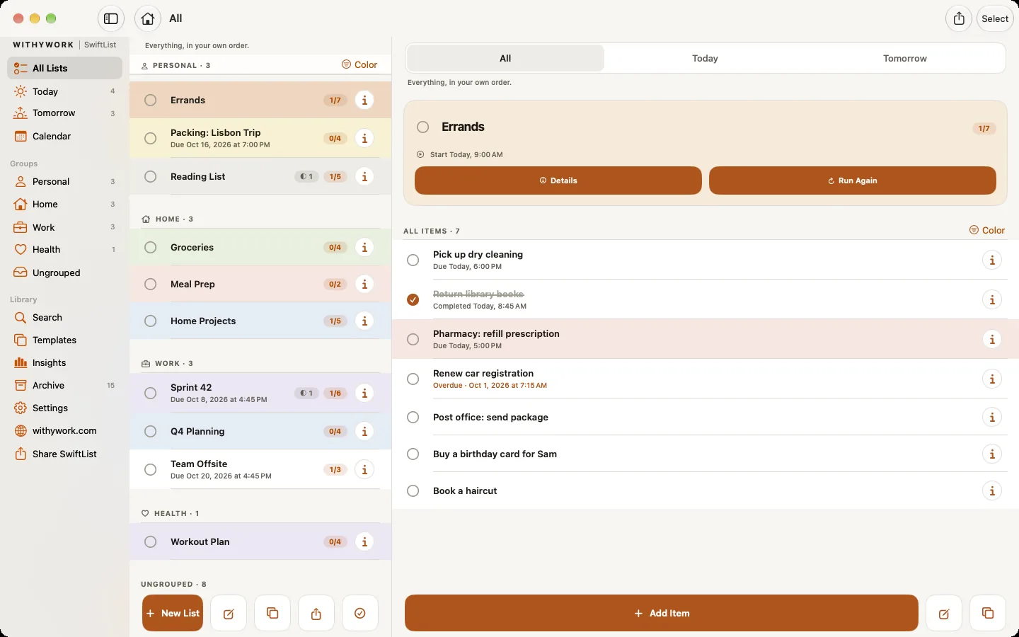 The SwiftList window on Mac with a sidebar, lists grouped as Personal, Home and Work, and the Errands list open.