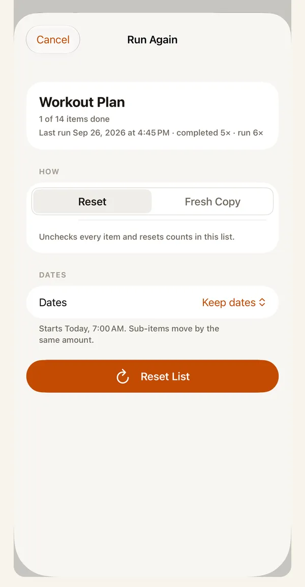 The Run Again sheet on iPhone, with Reset and Fresh Copy