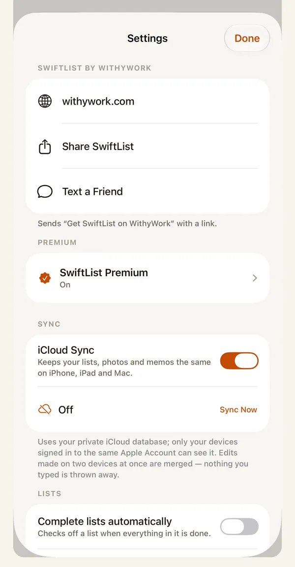 SwiftList Settings on iPhone