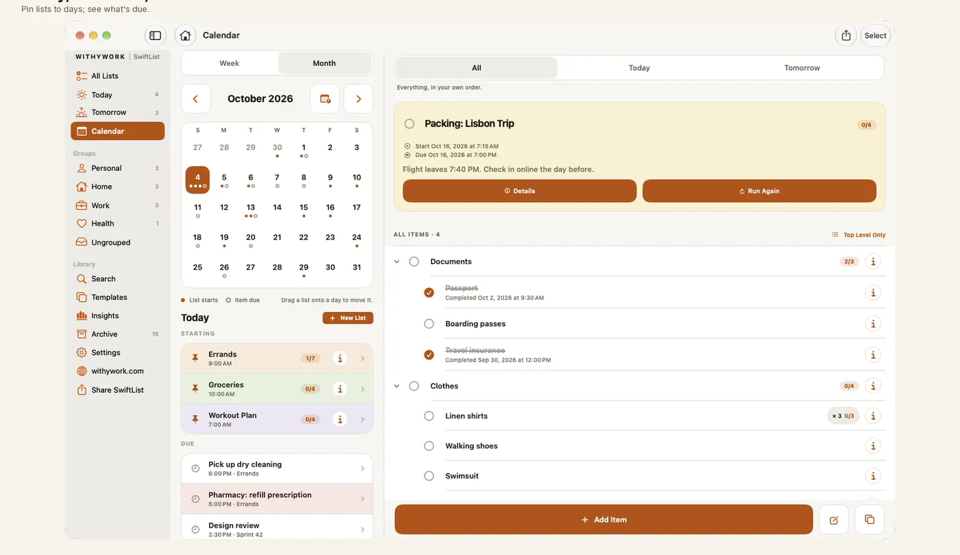 The SwiftList Mac window with the calendar